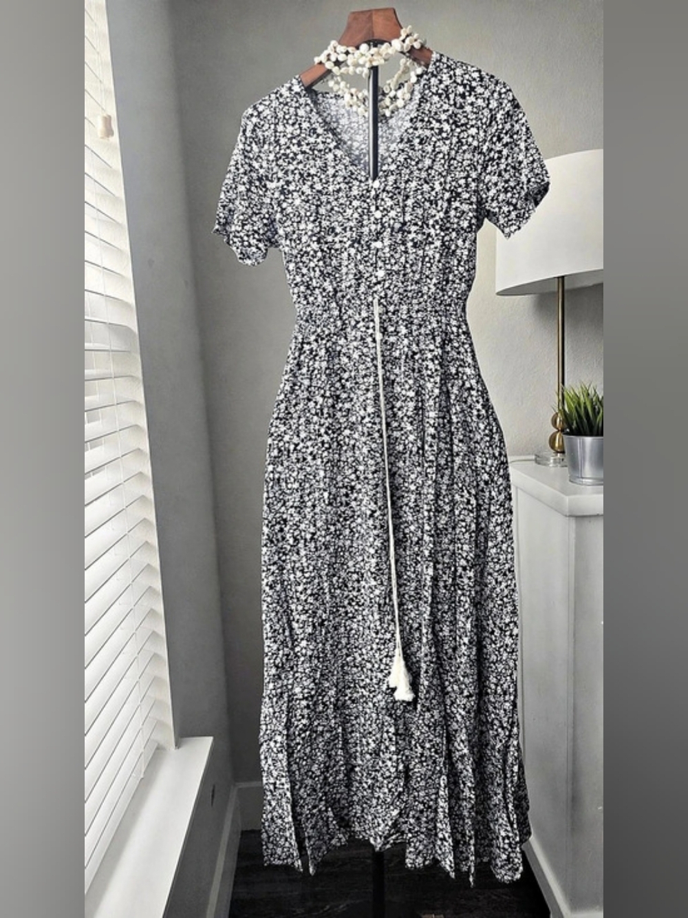 LIKE NEW Black White Ditsy Floral Button Front Maxi Dress Size S Cottagecore